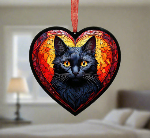 Black Cat Stained Glass Effect Heart Suncatcher